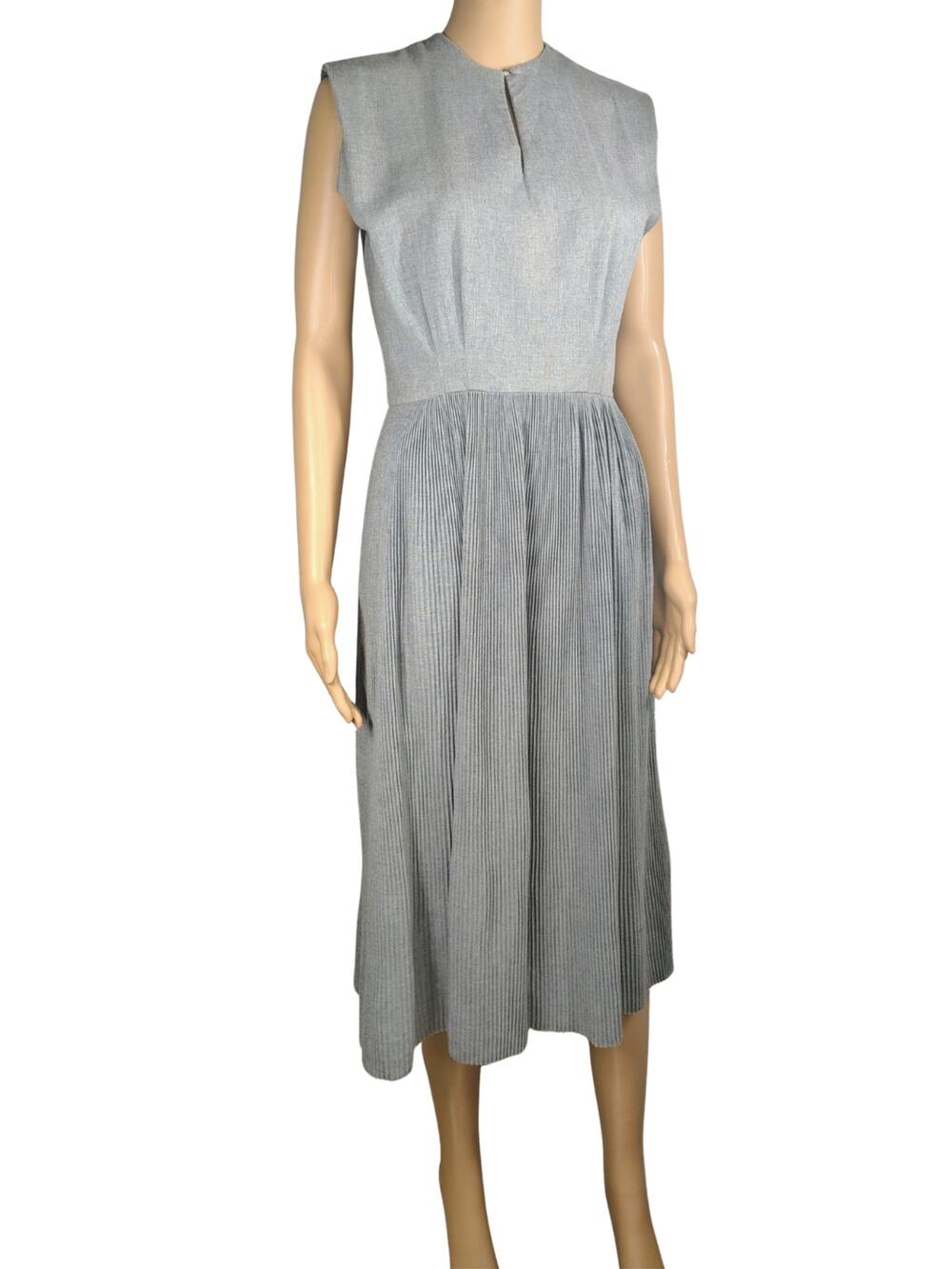 1950s Gray Rockabilly Midi Keyhole High Neck Dress Debby California Size XS